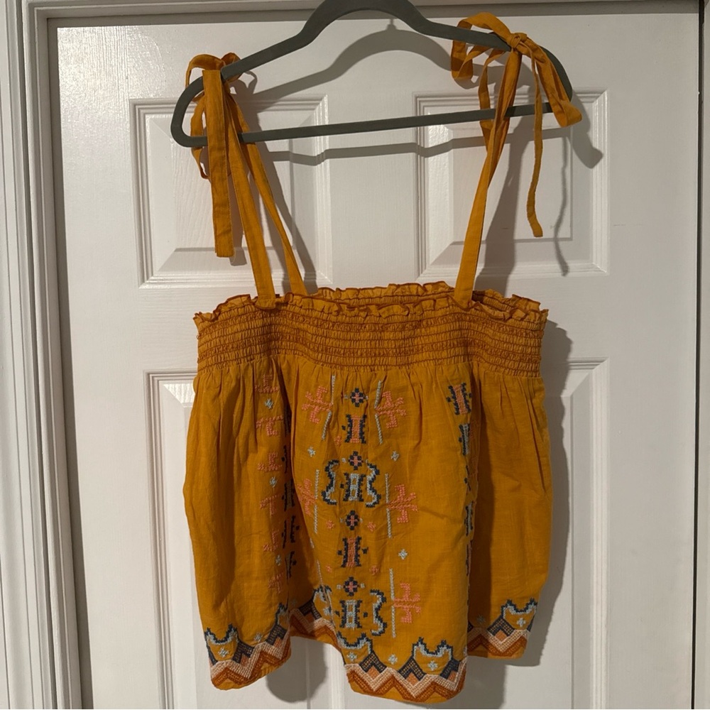 Anthropologie Mustard Yellow Embroidered Tie-Shoulder Tank